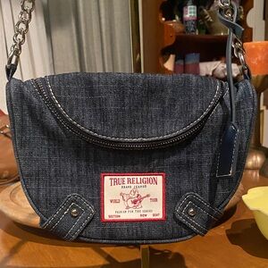 True Religion denim shoulder bag with silver chain and studded shoulder strap